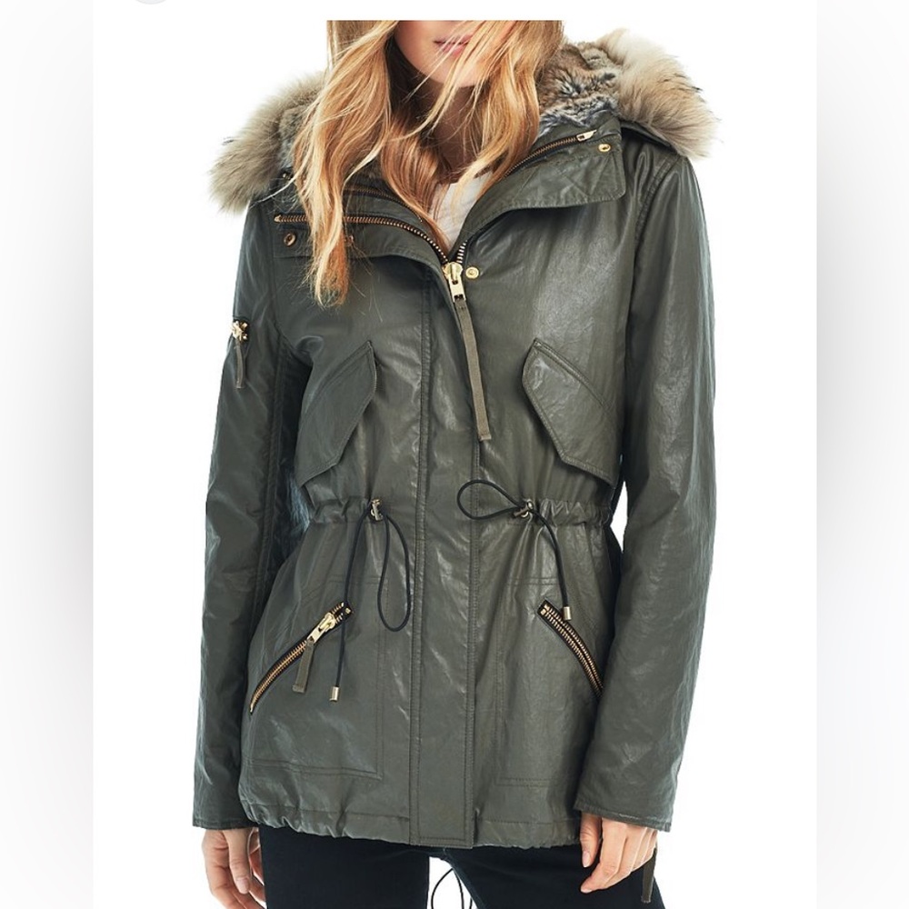 SAM tribeca raccoon fur collar coated waxed parka soft cotton lined jacket